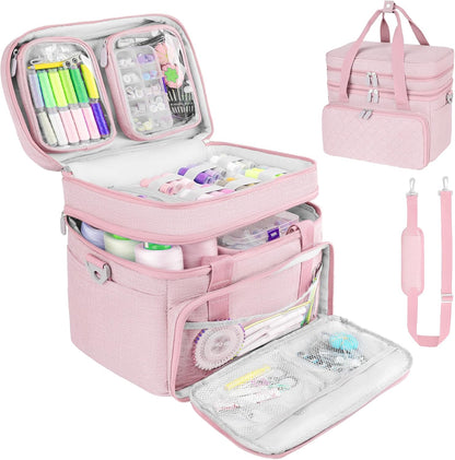 Double-Layer Sewing Organizer Bag with Detachable Pockets, Pink