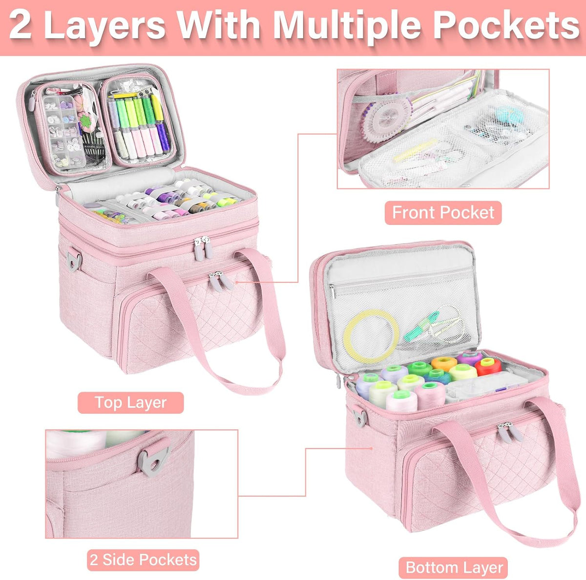 Double-Layer Sewing Organizer Bag with Detachable Pockets, Pink