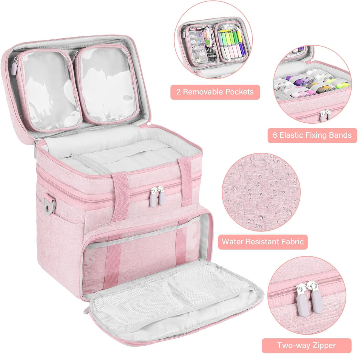 Double-Layer Sewing Organizer Bag with Detachable Pockets, Pink