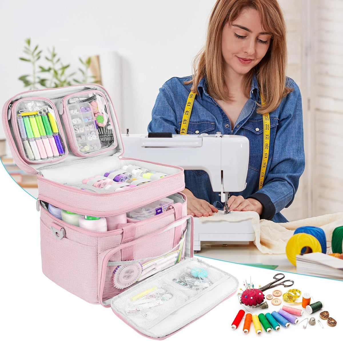 Double-Layer Sewing Organizer Bag with Detachable Pockets, Pink