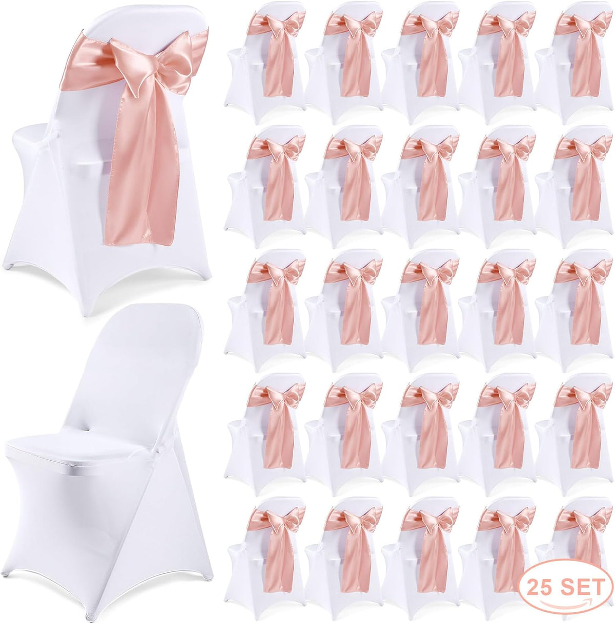 50 Pcs Folding Chair Cover Set, White, Rose Gold