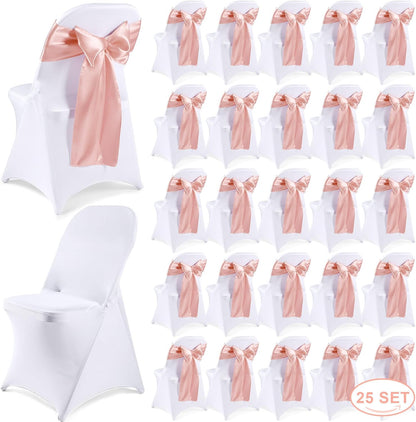 50 Pcs Folding Chair Cover Set, White, Rose Gold