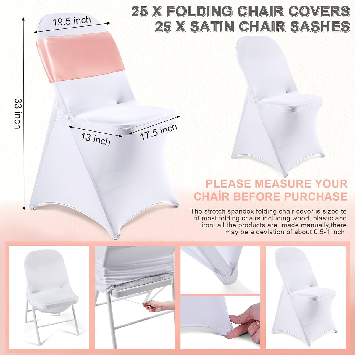 50 Pcs Folding Chair Cover Set, White, Rose Gold