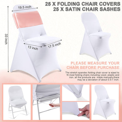 50 Pcs Folding Chair Cover Set, White, Rose Gold