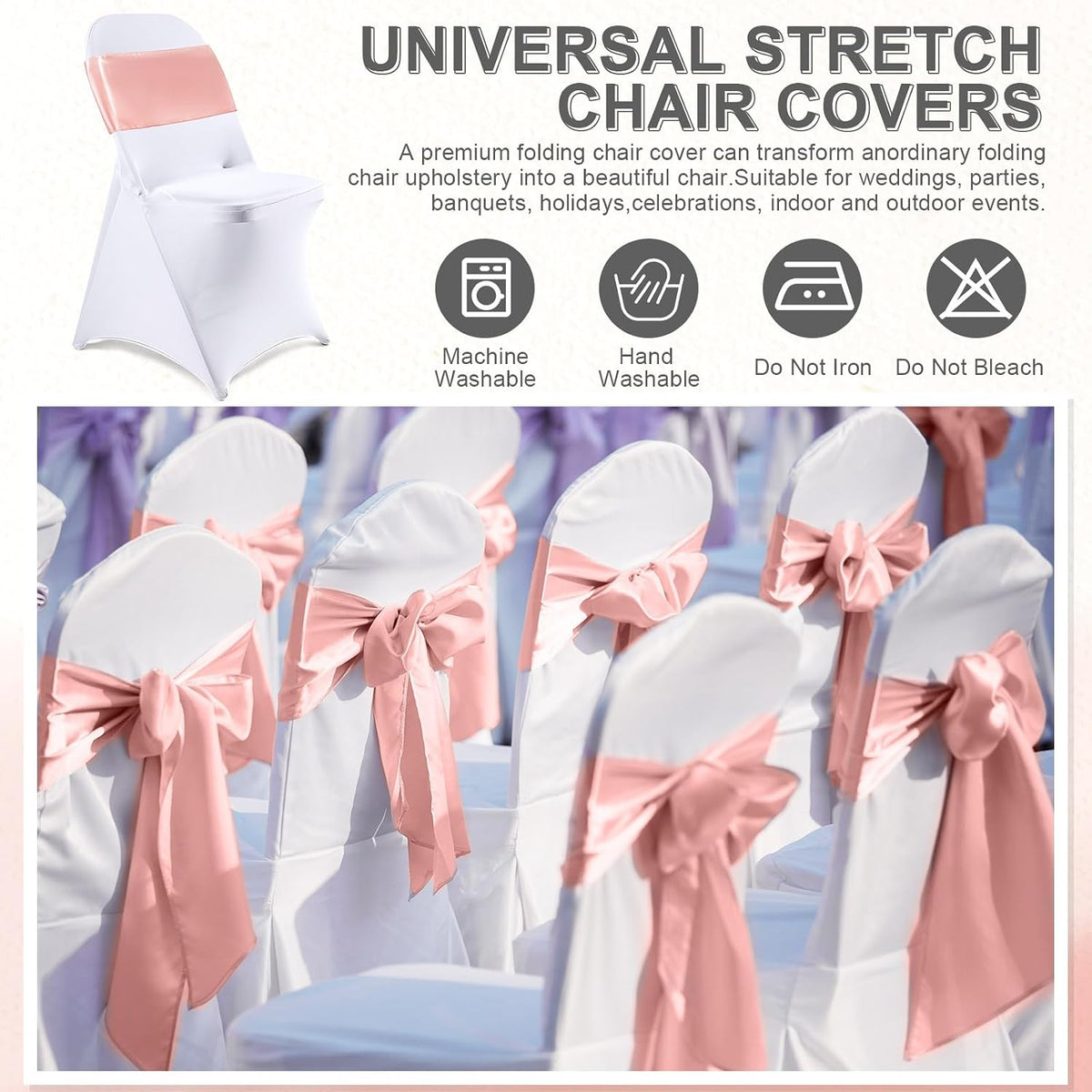 50 Pcs Folding Chair Cover Set, White, Rose Gold