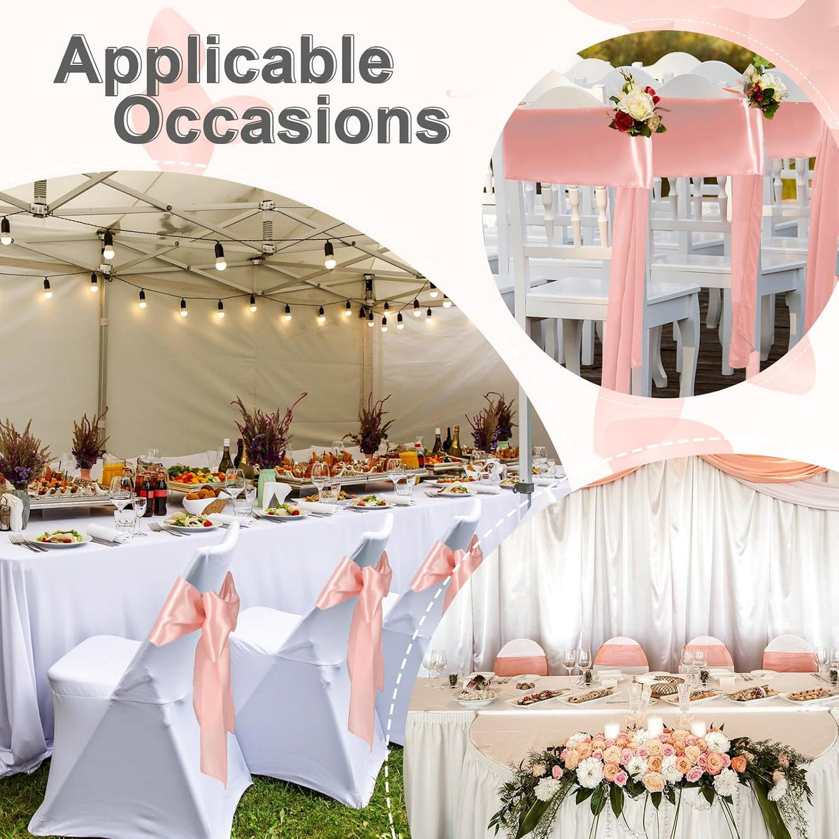 50 Pcs Folding Chair Cover Set, White, Rose Gold