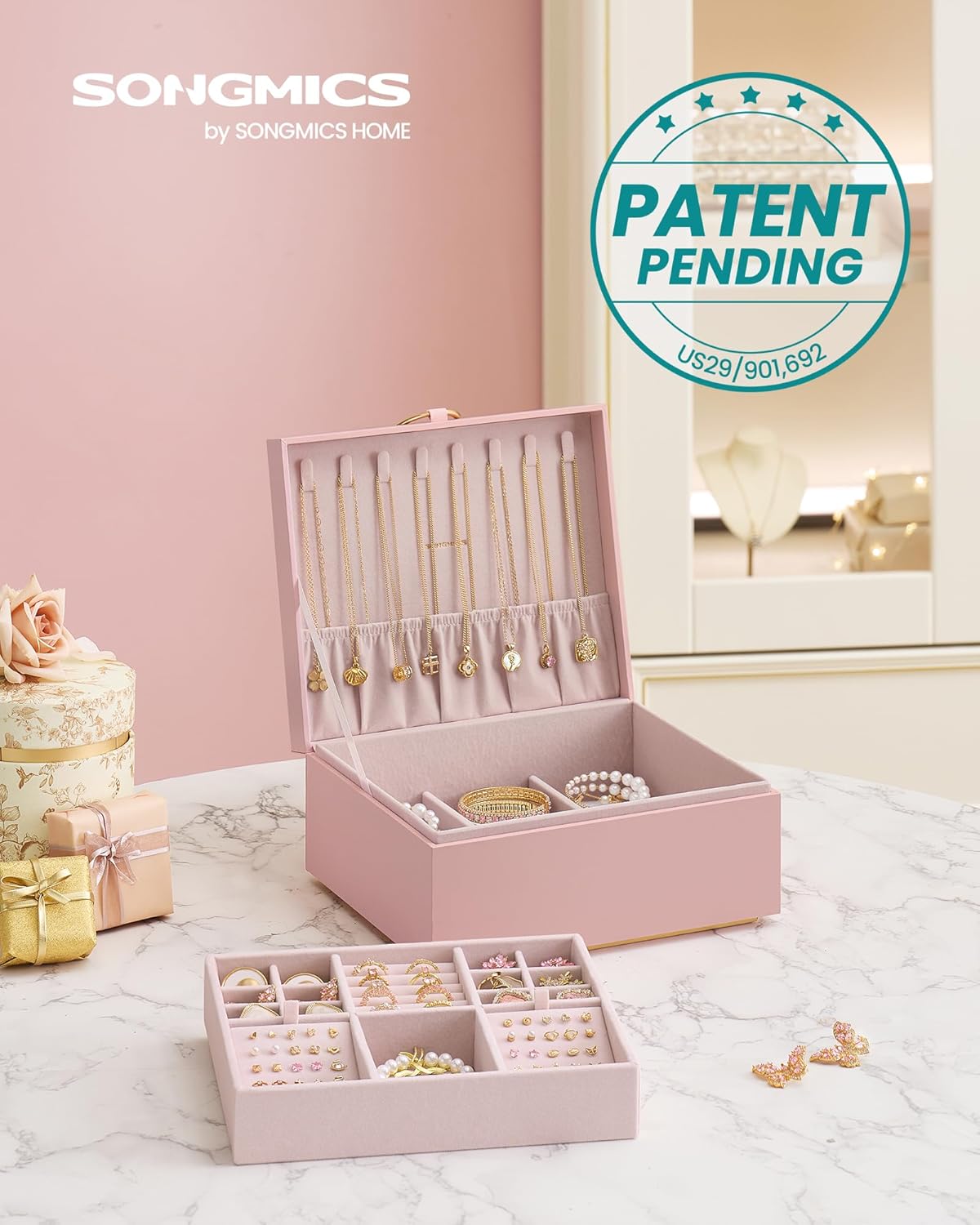 SONGMICS 2-Layer Jewelry Box with Handle, Removable Tray, Floating Effect