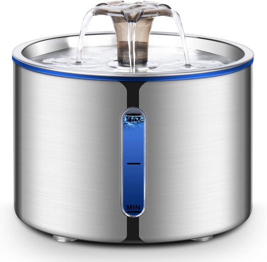 BOORCA Cat Water Fountain, 84oz/2.5L Stainless Steel Pet Water Fountain for Cats, Dogs and Multiple Pets, Automatic Dog Water Dispenser with Water Level Window, Ultra-Quiet Pump