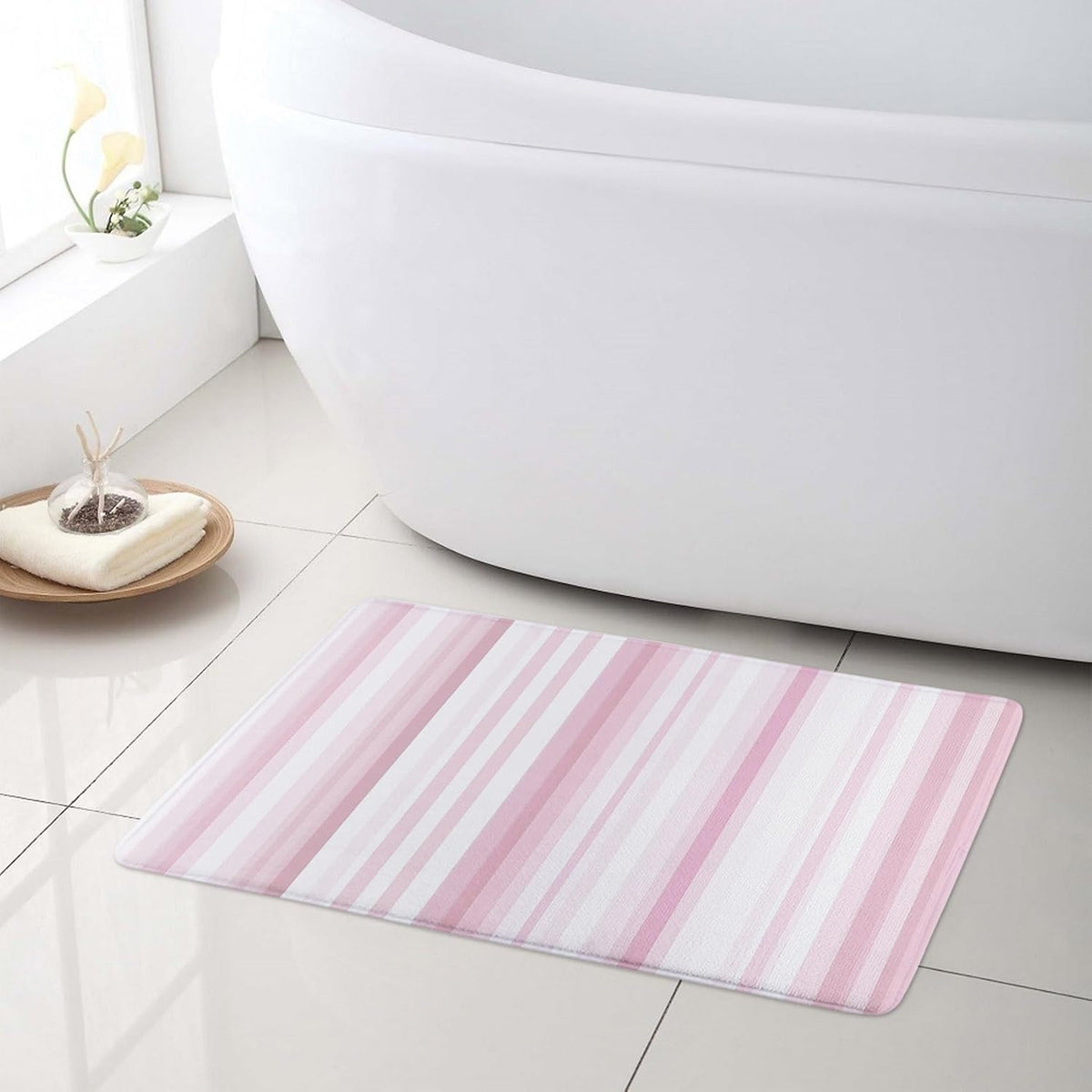 Aesthetic Pink Stripe Shower Curtain Sets with Rugs Abstract Geometric Pink and White Vertical Striped Fabric Shower Curtain with Hooks Modern Bathroom Curtains Shower Set, 70x70 inches