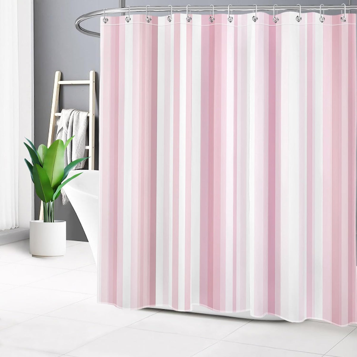 Aesthetic Pink Stripe Shower Curtain Sets with Rugs Abstract Geometric Pink and White Vertical Striped Fabric Shower Curtain with Hooks Modern Bathroom Curtains Shower Set, 70x70 inches