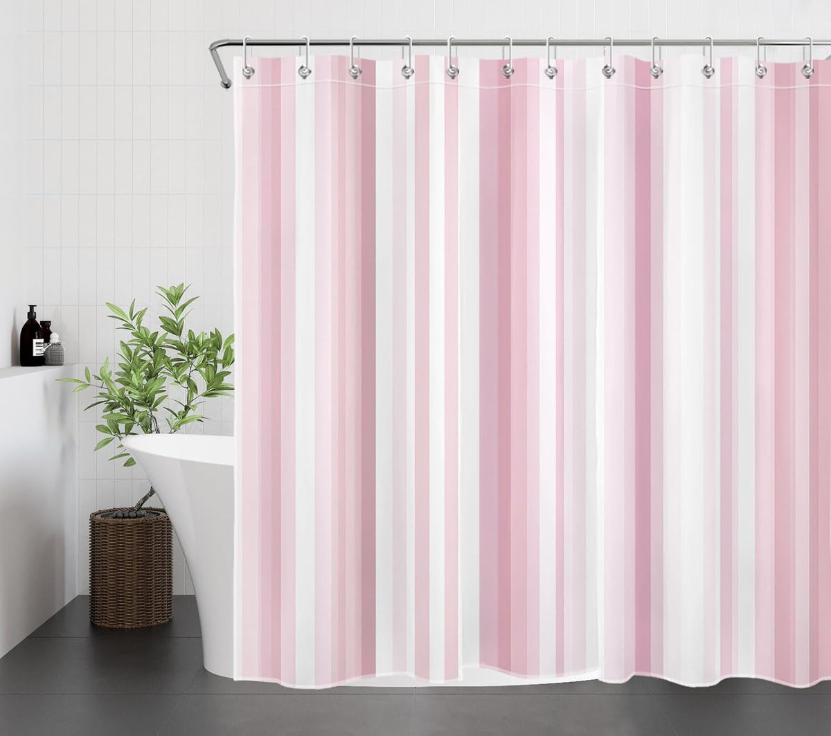 Aesthetic Pink Stripe Shower Curtain Sets with Rugs Abstract Geometric Pink and White Vertical Striped Fabric Shower Curtain with Hooks Modern Bathroom Curtains Shower Set, 70x70 inches