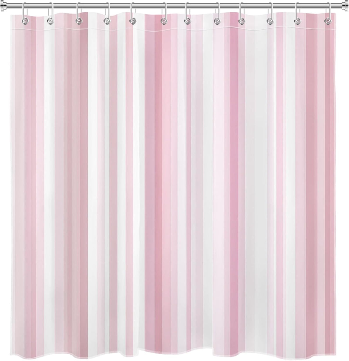 Aesthetic Pink Stripe Shower Curtain Sets with Rugs Abstract Geometric Pink and White Vertical Striped Fabric Shower Curtain with Hooks Modern Bathroom Curtains Shower Set, 70x70 inches