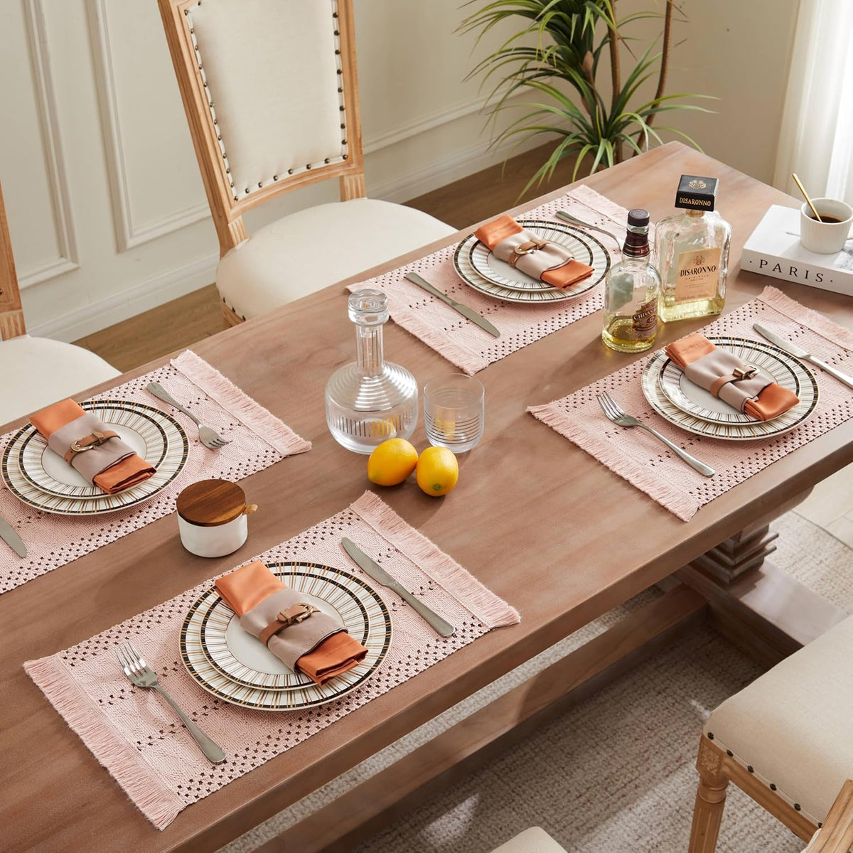 ZeeMart Macrame Style Boho Placemats Set of 4, Light Pink 12x20 Inch