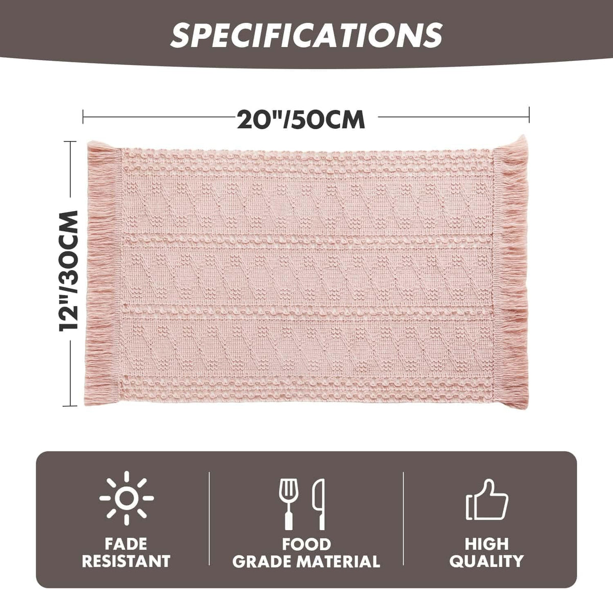 ZeeMart Macrame Style Boho Placemats Set of 4, Light Pink 12x20 Inch