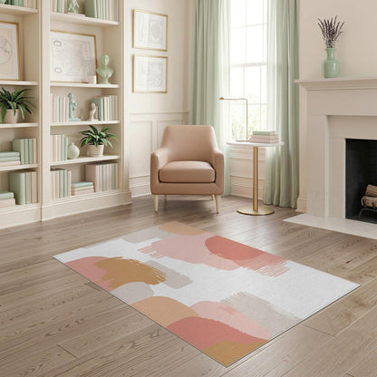 4'x6' Washable Flatwoven Rug, Peach Contemporary Abstract Easy Care Throw Carpet for Dorm Room, Small Living Room, Apartment, Stain Resistant Low Profile Floor Covering | Ref:1990619