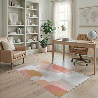 4'x6' Washable Flatwoven Rug, Peach Contemporary Abstract Easy Care Throw Carpet for Dorm Room, Small Living Room, Apartment, Stain Resistant Low Profile Floor Covering | Ref:1990619