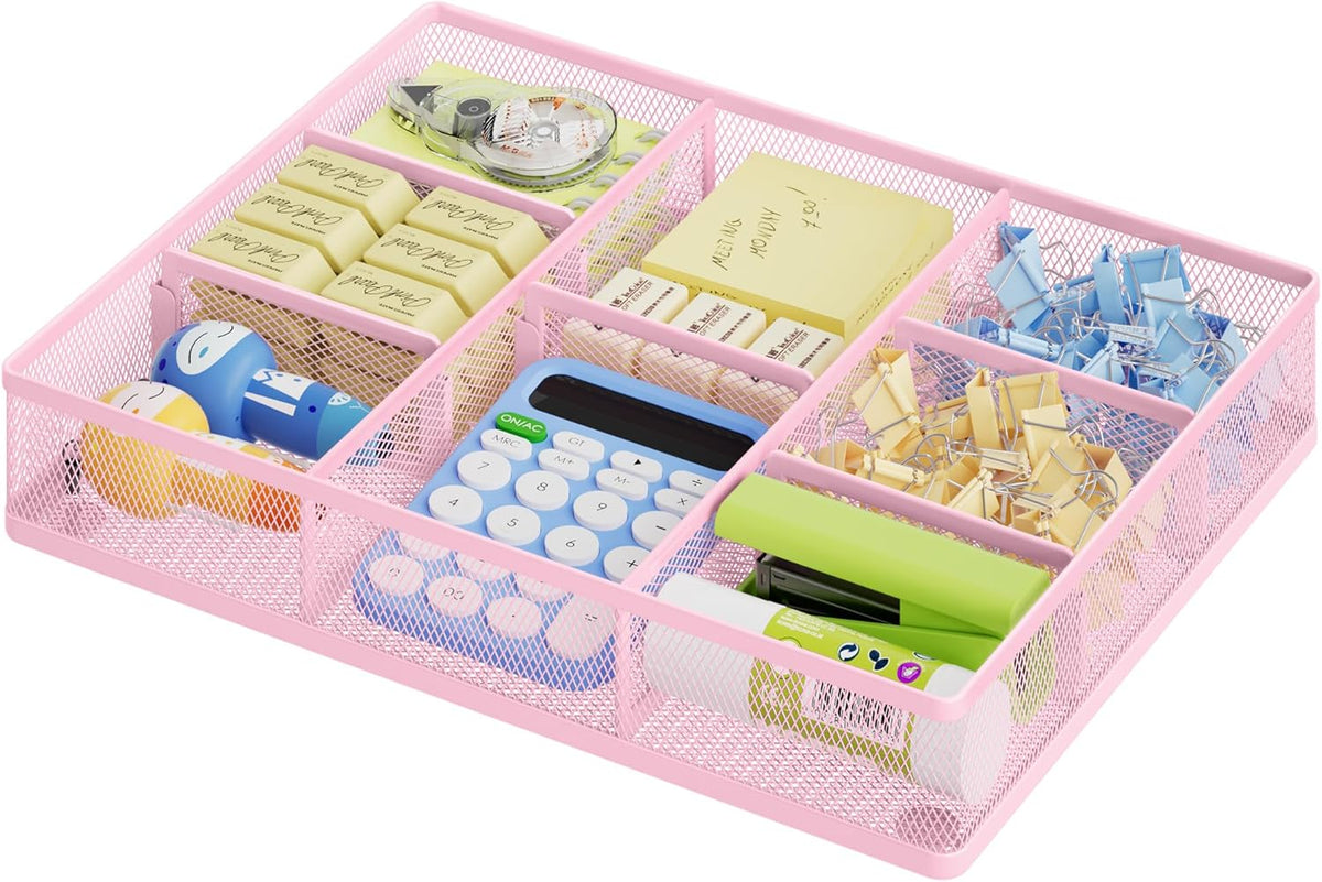 Pink Desk Drawer Organizer, Metal Mesh Drawer Organizer Tray with 5 Adjustable Compartments,Desk Organizers and Accessories for Home,Office,Kitchen,Makeup,Vanity (Pink)