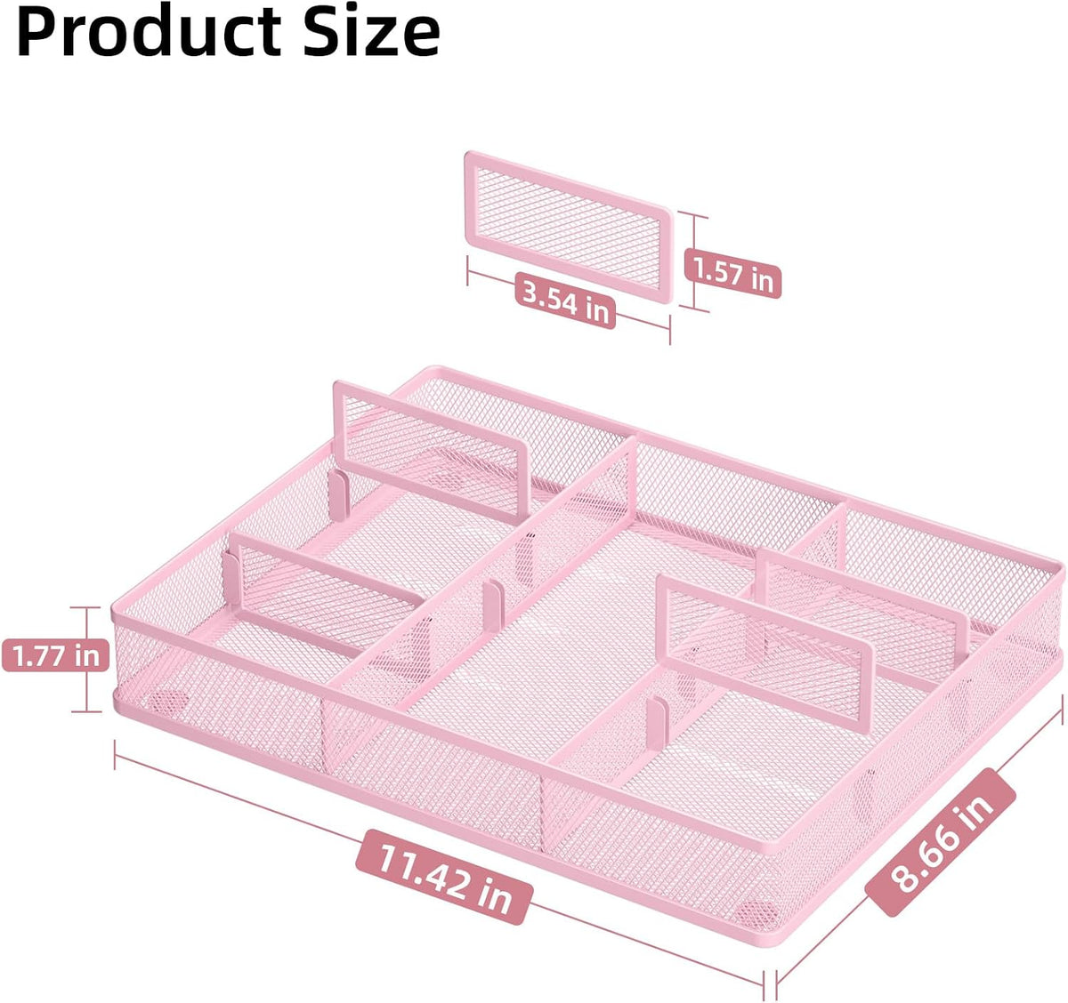 Pink Desk Drawer Organizer, Metal Mesh Drawer Organizer Tray with 5 Adjustable Compartments,Desk Organizers and Accessories for Home,Office,Kitchen,Makeup,Vanity (Pink)