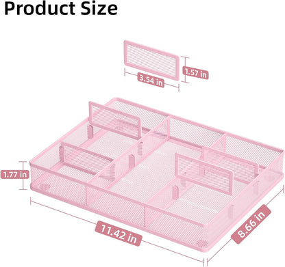 Pink Desk Drawer Organizer, Metal Mesh Drawer Organizer Tray with 5 Adjustable Compartments,Desk Organizers and Accessories for Home,Office,Kitchen,Makeup,Vanity (Pink)