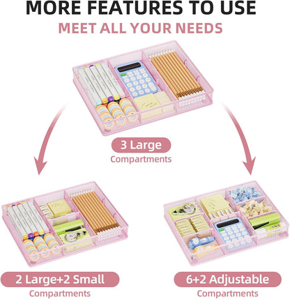 Pink Desk Drawer Organizer, Metal Mesh Drawer Organizer Tray with 5 Adjustable Compartments,Desk Organizers and Accessories for Home,Office,Kitchen,Makeup,Vanity (Pink)
