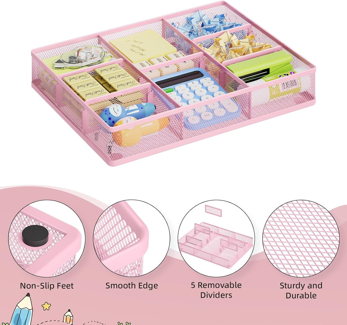 Pink Desk Drawer Organizer, Metal Mesh Drawer Organizer Tray with 5 Adjustable Compartments,Desk Organizers and Accessories for Home,Office,Kitchen,Makeup,Vanity (Pink)