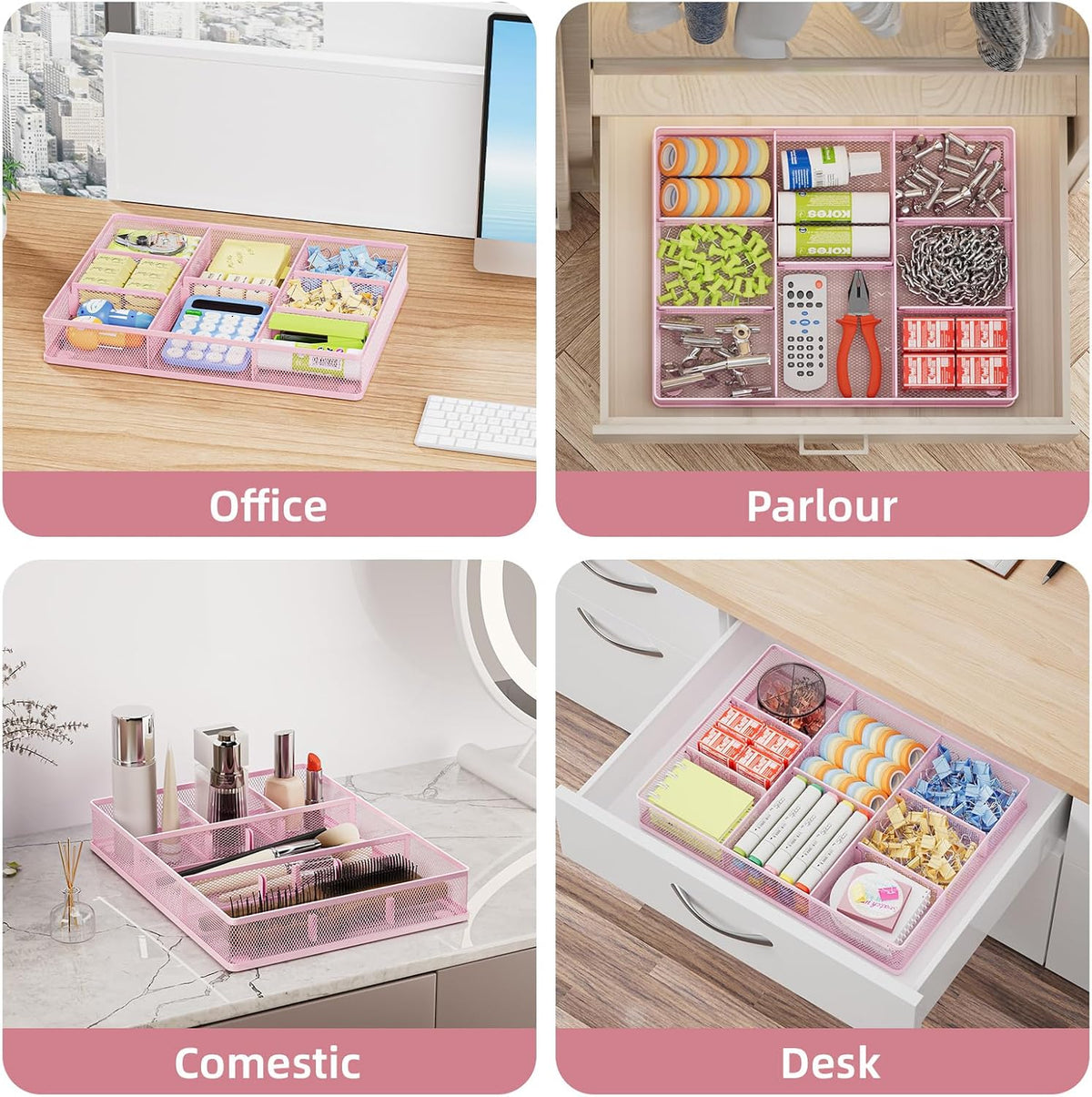 Pink Desk Drawer Organizer, Metal Mesh Drawer Organizer Tray with 5 Adjustable Compartments,Desk Organizers and Accessories for Home,Office,Kitchen,Makeup,Vanity (Pink)