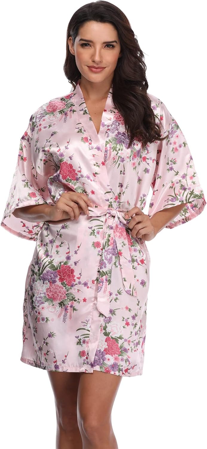 Women's Floral Short Satin Bridesmaid Robes Silky Bride Robes Getting Ready
