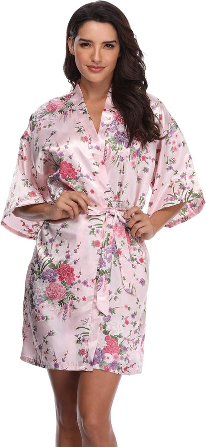 Women's Floral Short Satin Bridesmaid Robes Silky Bride Robes Getting Ready