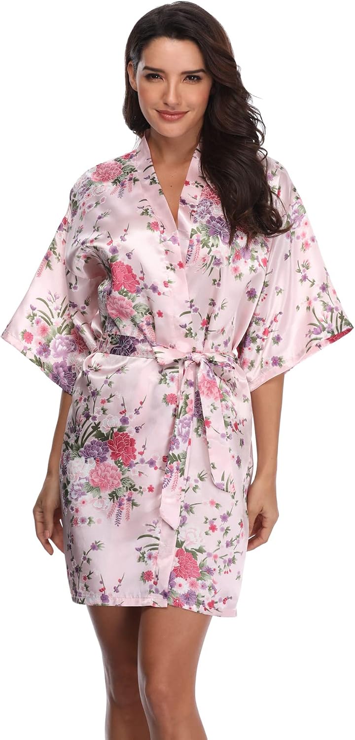 Women's Floral Short Satin Bridesmaid Robes Silky Bride Robes Getting Ready