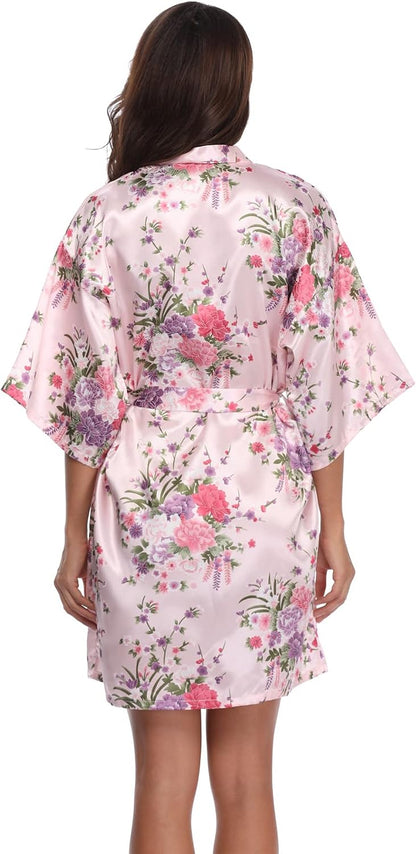 Women's Floral Short Satin Bridesmaid Robes Silky Bride Robes Getting Ready