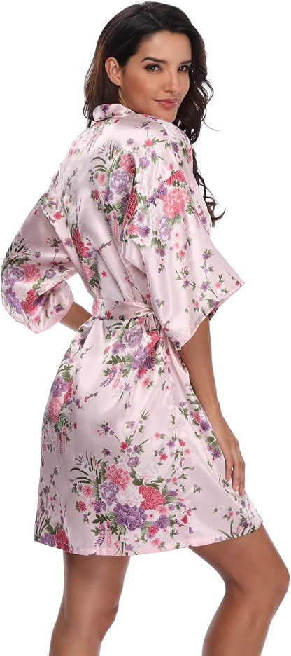 Women's Floral Short Satin Bridesmaid Robes Silky Bride Robes Getting Ready