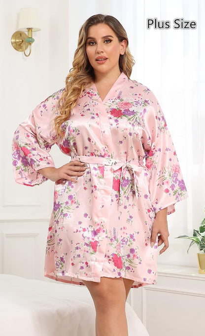Women's Floral Short Satin Bridesmaid Robes Silky Bride Robes Getting Ready