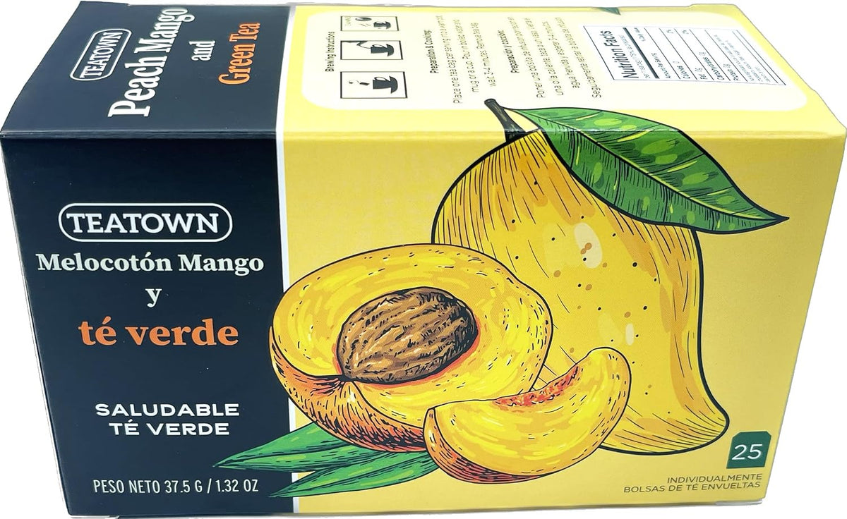 Premium Caffeinated Ceylon Peach Mango Green Tea Bags: 25 Count Individually Wrapped Teabags All-Natural Exotic Fruit Essence & Aroma Hot or Iced Tea Brew (25-Pack)