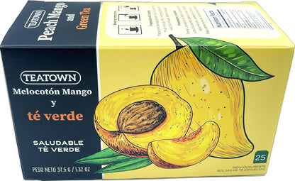 Premium Caffeinated Ceylon Peach Mango Green Tea Bags: 25 Count Individually Wrapped Teabags All-Natural Exotic Fruit Essence & Aroma Hot or Iced Tea Brew (25-Pack)