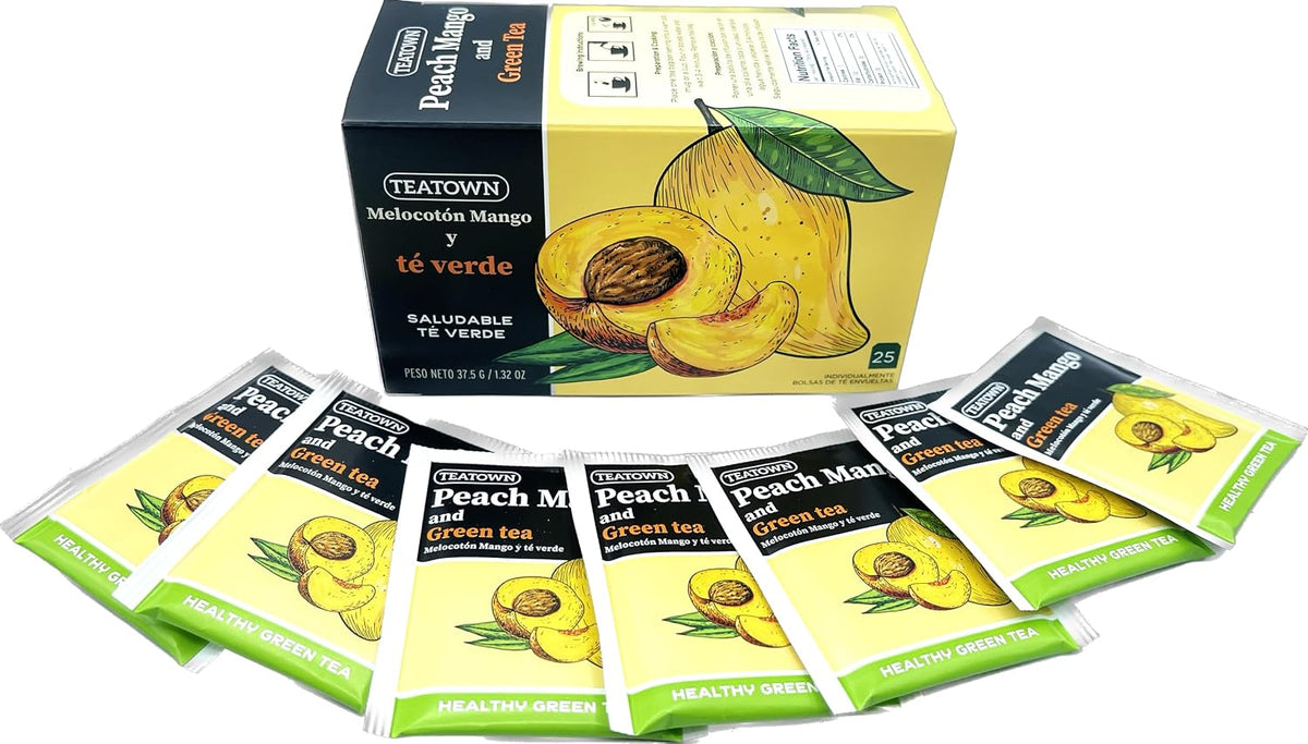 Premium Caffeinated Ceylon Peach Mango Green Tea Bags: 25 Count Individually Wrapped Teabags All-Natural Exotic Fruit Essence & Aroma Hot or Iced Tea Brew (25-Pack)