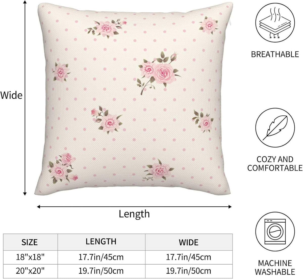 Floral Polka Dot Background Throw Pillow Covers Pink Roses Pillow Cover 20x20 Inch Set of 2 Shabby Chic Rose Flowers Pillowcase Square Cushion Cases for Couch Bed Sofa