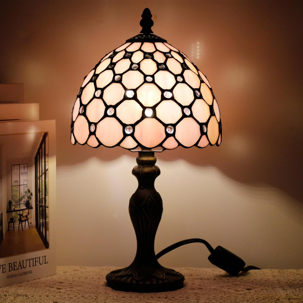 Small Tiffany Stained Glass Table Lamp,Pink