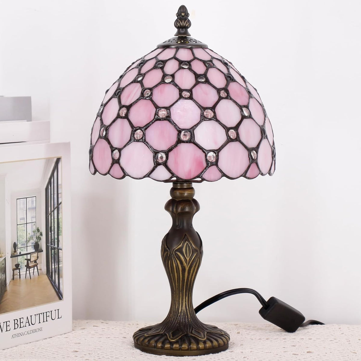 Small Tiffany Stained Glass Table Lamp,Pink