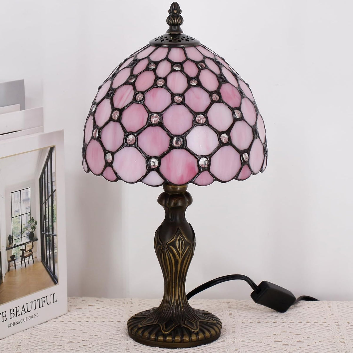 Small Tiffany Stained Glass Table Lamp,Pink
