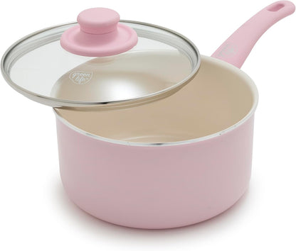 2.5QT Ceramic Nonstick Saucepan with Glass Lid, Pink