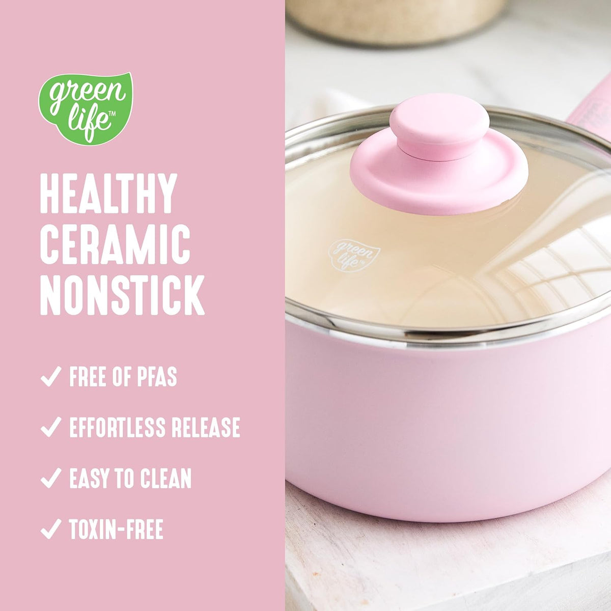 2.5QT Ceramic Nonstick Saucepan with Glass Lid, Pink