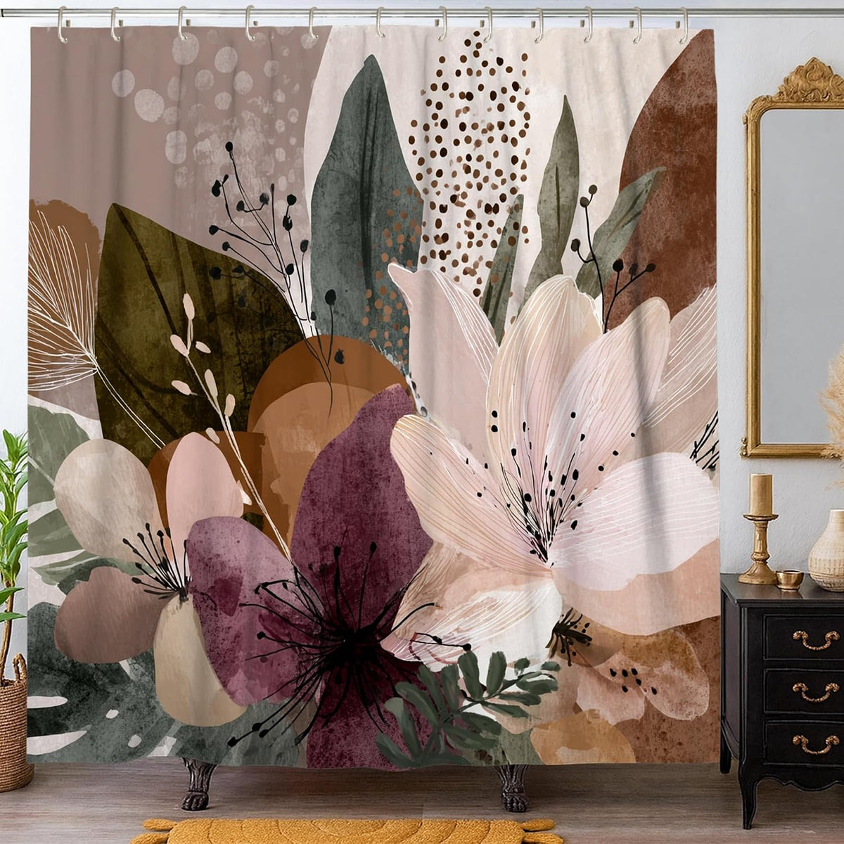Flower Shower Curtain, Modern Abstract Leaf Circle Fall Muted Peach Washable with Hooks Toile Cloth Shower Curtains for Bathroom Bathtub Apartment Decor 62x72 Inch