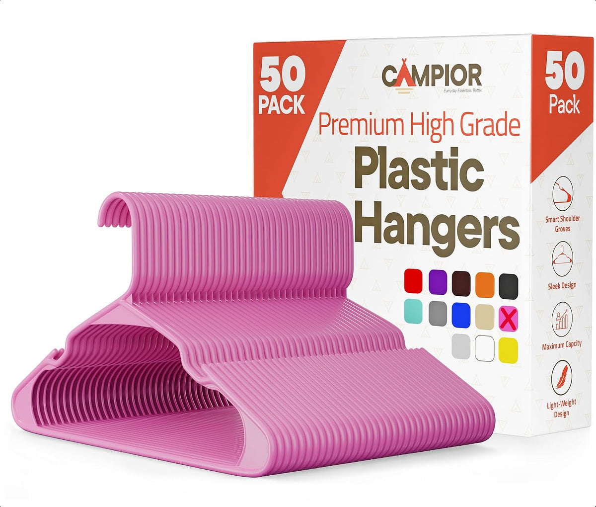 Pink Plastic Hangers 50 Pack– Heavy-Duty Plastic Hangers Slim and Space-Saving, Durable and Lightweight PP with Non-Slip Shoulder Notches for Slip Dresses, Suits, Jackets & Camisoles