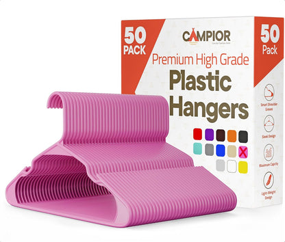 Pink Plastic Hangers 50 Pack– Heavy-Duty Plastic Hangers Slim and Space-Saving, Durable and Lightweight PP with Non-Slip Shoulder Notches for Slip Dresses, Suits, Jackets & Camisoles