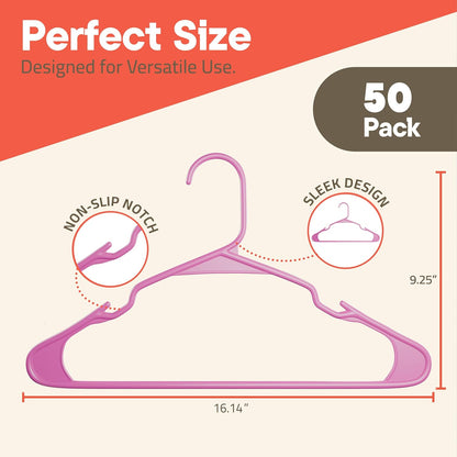 Pink Plastic Hangers 50 Pack– Heavy-Duty Plastic Hangers Slim and Space-Saving, Durable and Lightweight PP with Non-Slip Shoulder Notches for Slip Dresses, Suits, Jackets & Camisoles