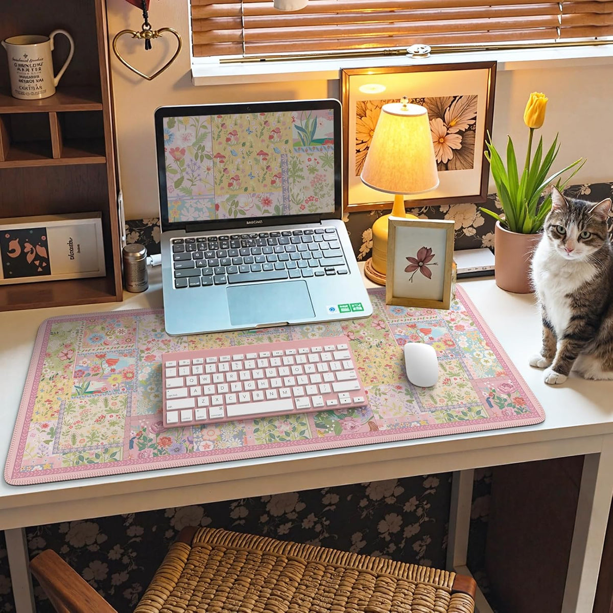 Desk Mat,Mouse Pad for Office Desk,35.4x15.7in,Pink Flowers