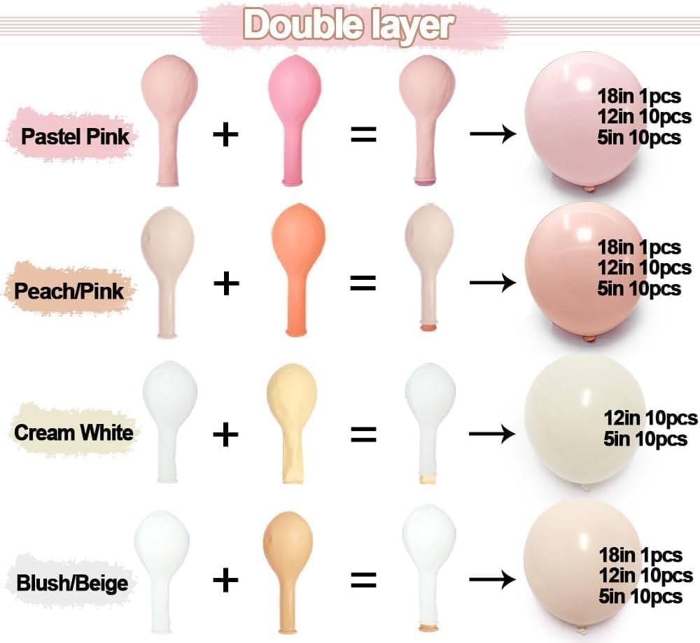 Pastel Pink White Balloon Arch Double Stuffed Light Pink Blush Ivory Beige Balloon Garland Kit Peach Cream Balloons for Birthday Baby Shower Wedding Valentine Engagement Bridal Fall Boho Party Decor