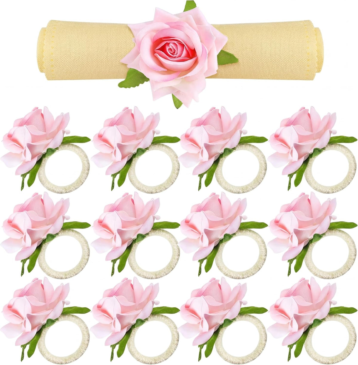 12 Pcs Pink Rose Napkin Rings Holders for Wedding,Champagne Rose