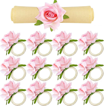 12 Pcs Pink Rose Napkin Rings Holders for Wedding,Champagne Rose