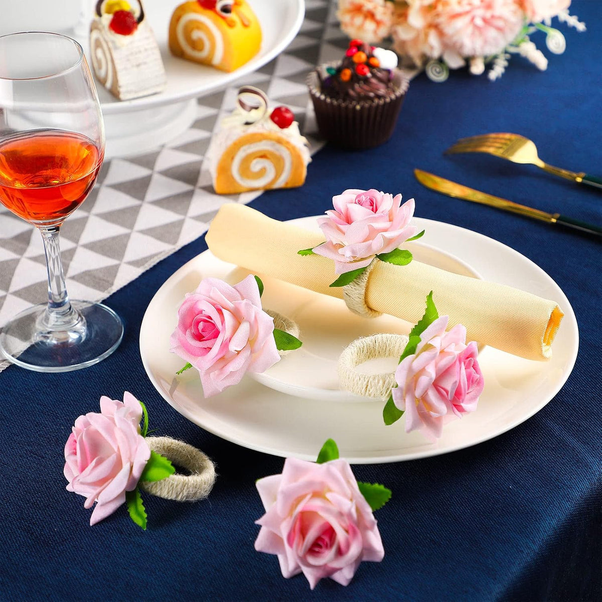 12 Pcs Pink Rose Napkin Rings Holders for Wedding,Champagne Rose